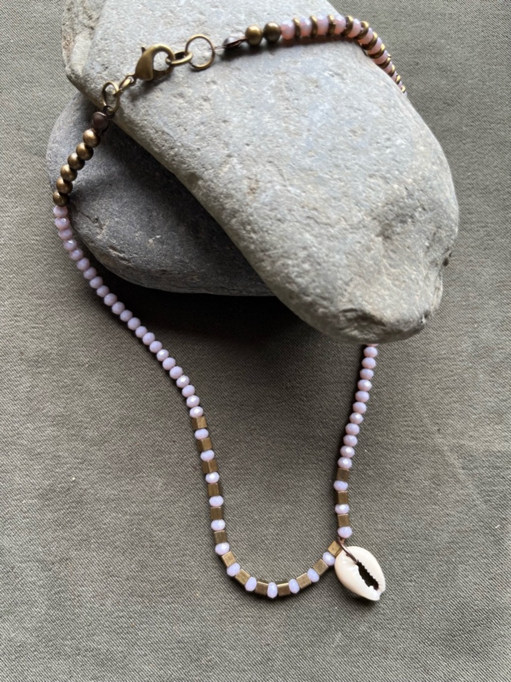 Delicate lavender Beaded  cowrie Shell Necklace with brass Accents